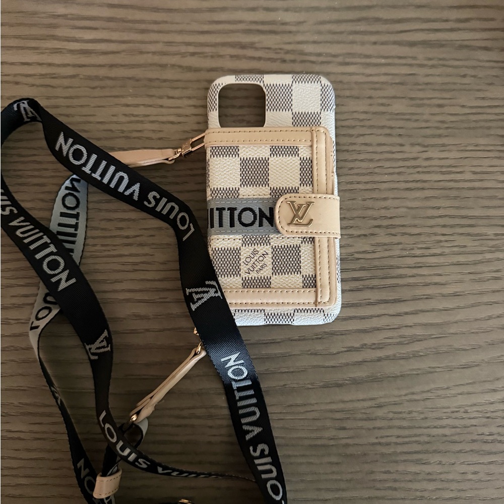 Louis Vuitton Damier Azur Beige & White Crossbody Phone Case with Black Strap